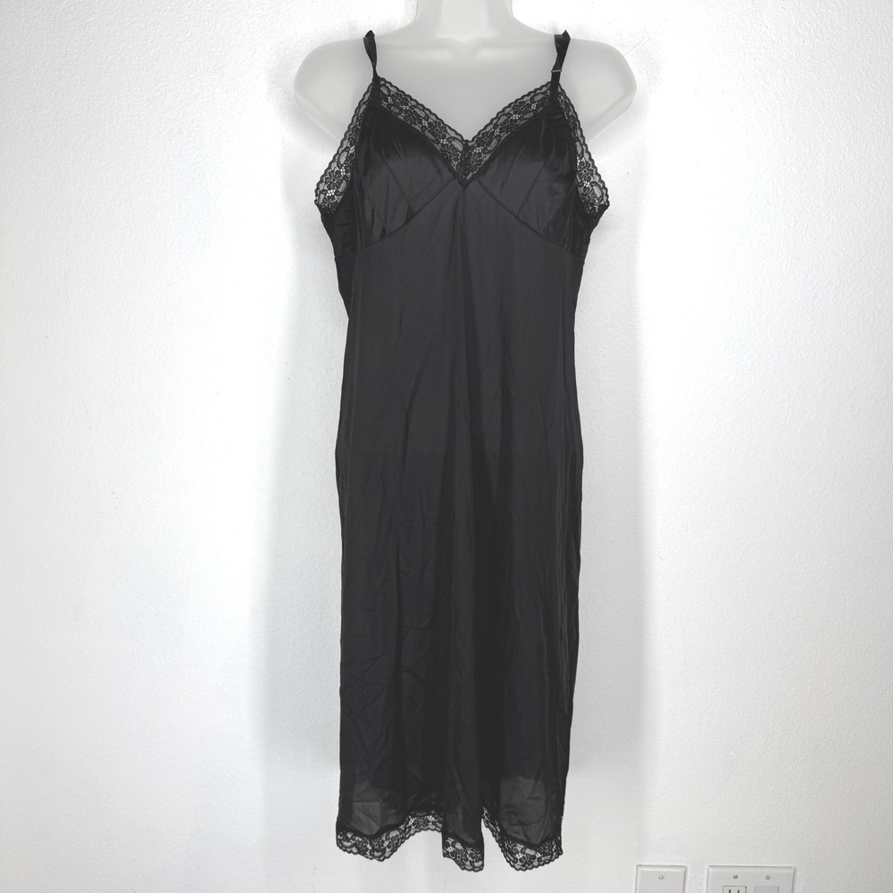 Vintage Vanity Fair Black Lace Slip Dress Size L Layering Coquette Feminine